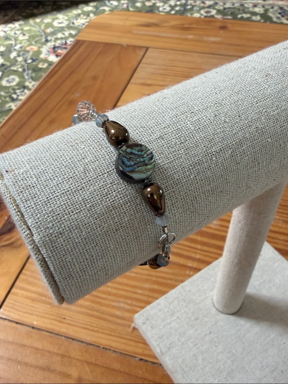 Handcrafted Abalone and Brown Glass Bead Bracelet w/ 925 clasp - size 6 1/4”